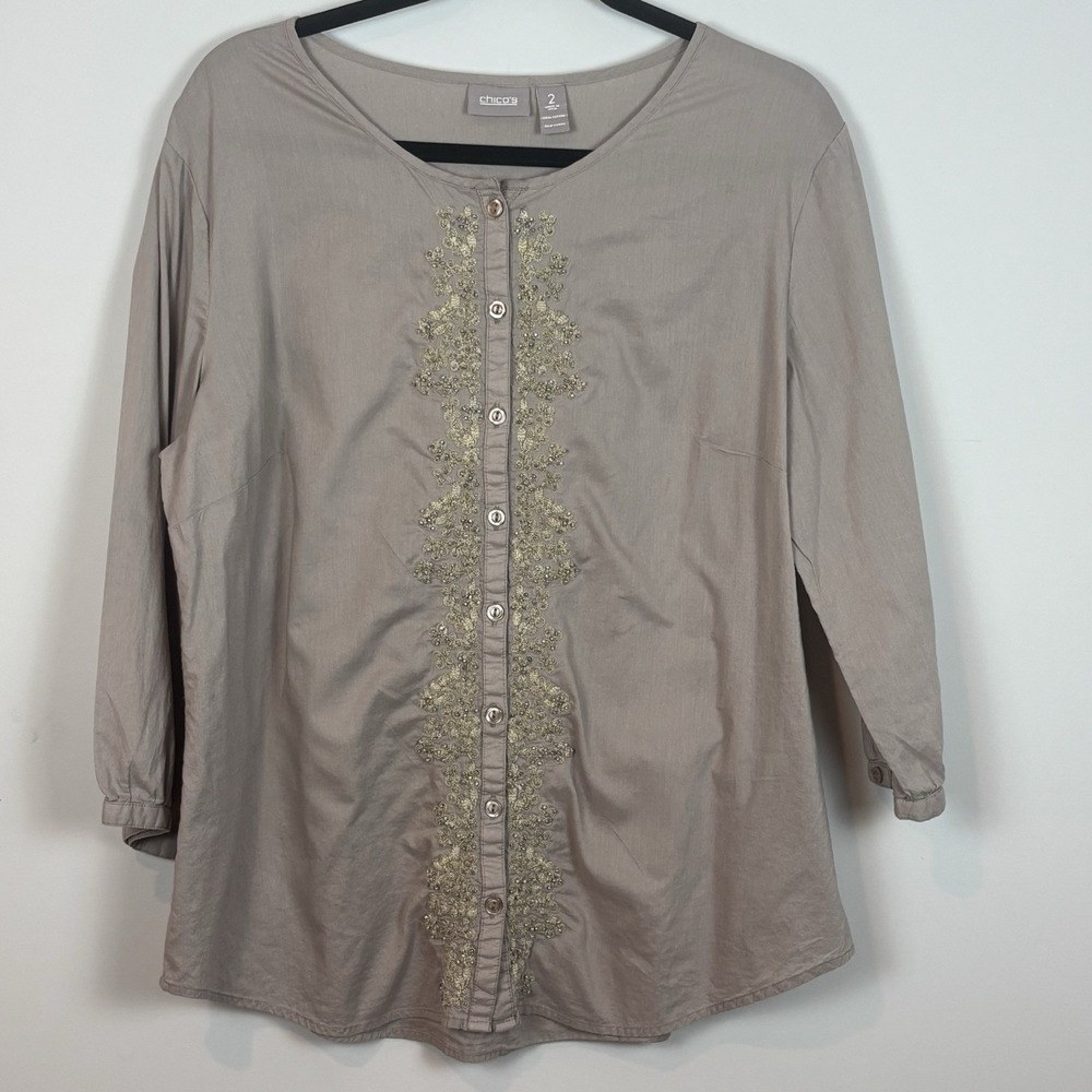 Chicos Tan Button Embroidered Beaded 3/4 Sleeve 100% Cotton Top Women's‎ 2 (L)